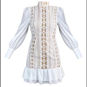 White Lace Mini Dress with Beige Underlay